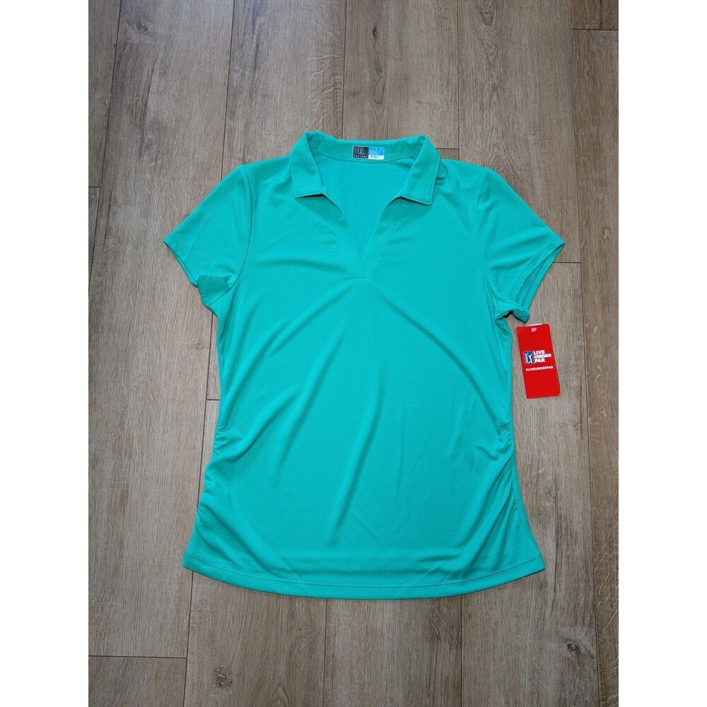 NWT PGA Tour Air Flux Polo Shirt Top Golf Ruched Sides V-Neck Deep Mint L